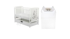 Set mobilier pentru copii, BabyNeeds: Patut cu sertar din lemn de pin si MDF, cu somiera reglabila in 3 trepte, Timmi Girafa, 120x60 cm + Saltea cocos-burete-cocos, 10 cm + Comoda cu masuta de infasat, Alb