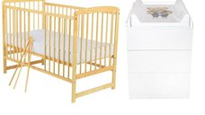 Set mobilier pentru copii, Babyneeds: Patut din lemn de pin, cu somiera reglabila in 3 trepte, Ola, 120x60 cm + Saltea cocos-burete-cocos, 8 cm + Comoda cu masuta de infasat, Alb/Natur