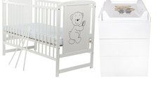 Set mobilier pentru copii BabyNeeds: Patut din lemn de pin si MDF, Saltea cocos-burete-cocos, 12 cm + Comoda cu masuta de infasat, Alb
