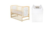 Set mobilier pentru copii BabyNeeds: Patut Timmi din lemn de pin cu laterala culisanta, somiera reglabila, Saltea cocos-burete-cocos 8 cm si Comoda Waldi, Alb/Natur