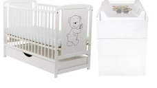 Set mobilier pentru copii BabyNeeds: Patut Timmi din lemn de pin cu sertar, somiera reglabila + Saltea Cocos-Burete-Cocos + Comoda Waldi, Alb