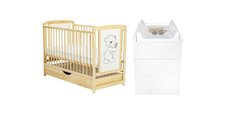 Set mobilier pentru copii BabyNeeds: Patut Timmi din lemn de pin si MDF, saltea cocos-burete-cocos 10 cm si comoda Waldi, Alb/Natur