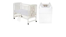 Set mobilier pentru copii Qmini: Patut Timmi Heart din lemn de pin si MDF cu roti, somiera reglabila, 120x60 cm + Saltea cocos-burete-cocos, 10 cm + Comoda Waldi, Alb