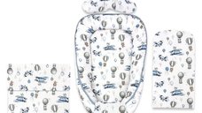 Set Multifunctional Cosulet pentru Bebeluși MimiNu, Baby Cocoon 75x55 cm, Bumbac Oeko-Tex, Cu Paturica și Perna Butterfly, Blue Plane