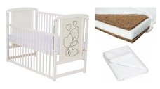 Set patut bebe Qmini Timmi Heart 120x60 cm, alb, cu laterala culisanta, saltea Babyneeds Cocos Confort II si protectie impermeabila