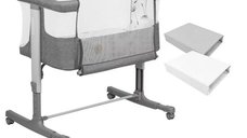 Set patut co-sleeper Lionelo Aurora 3 in 1, cu leganare si inclinare reglabila, 85x60x66 cm, gri, cu 2 cearceafuri Qmini din bumbac Oeko-Tex, alb si gri