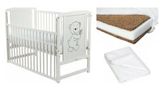 Set Patut din lemn bebe Babyneeds, Timmi cu laterala culisanta, 120x60 cm, Alb + Saltea patut bebe, Cocos Confort II, Cu fibre de cocos si strat de burete, 120x60x8 cm + Protectie impermeabila, Pentru patuturi 120x60 cm, Alb