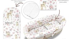 Set pentru Landou/Cosulet MimiNu Sweet Deer Pink cu Protectie, Saltea si Pernuta din Bumbac Oeko-Tex