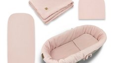Set pentru landou/cosulet, Qmini, Cu protectie, pilota, saltea, pernuta, Din muselina dubla, Material certificat Oeko Tex Standard 100, Powder Pink