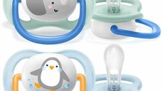 Set suzete Philips Avent Ultra Air, 0-6 luni, 2 buc, Albastru-Portocaliu, din silicon
