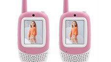 Set Walkie-Talkie Video Free2Play, Roz, cu camera si ecran IPS de 2 inci, raza 300 m, pentru copii de 3 ani+
