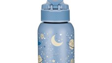 Sticla termos lichide, Petite&Mars, Whale Song, Din otel inoxidabil, Cu mentinere de temperatura calda pana la 12 h, Rece pana la 24 h, 350 ml, Fara BPA, Cu maner de transport, 12 luni+, Alb/Albastru