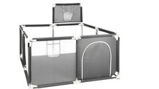 Tarc de joaca Primabobo pentru copii, 126 x 126 cm, pliabil, cu cos de baschet, plasa respirabila, intrare cu fermoar, gri