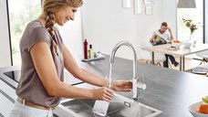 Baterie bucatarie Grohe Blue Home, monocomanda, sistem de filtrare apa, racire apa si apa carbogazoasa, 3 nivele mineralizare, cartus ceramic, pipa tip C, pivotanta 150, Crom-31455001