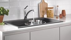 Baterie bucatarie Grohe Start, pipa medie, pivotanta, crom, furtunuri flexibile,model 2022-30530002