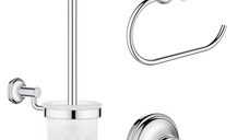 Set accesorii baie Grohe Authentic City 3 in 1, perie WC cu suport, suport hartie igienica, cuier prosop, fixare ascunsa, crom-(40656001,40658001,40657001)