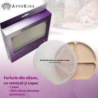 Farfurie compartimentata din silicon cu ventuza si capac, AppeKids - Bubble Beige - 2
