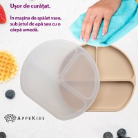Farfurie compartimentata din silicon cu ventuza si capac, AppeKids - Bubble Beige - 6