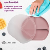 Farfurie compartimentata din silicon cu ventuza si capac, AppeKids - Old Rose - 4