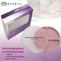 Farfurie compartimentata din silicon cu ventuza si capac, AppeKids - Old Rose - 2