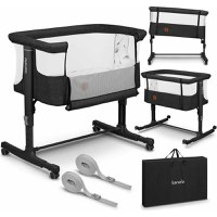 Patut co-sleeper, Lionelo, Aurora, 3 in 1, Cu leganare si setare unghiulara, Include saltea cu densitate T25 si geanta transport, Reglabil in 5 pozitii pe inaltime, Pana la 9 kg, 0 luni+, Conform cu EN 1130:2019+AC:2020, EN 16890:2, Gri inchis - 2