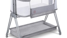 Patut co-sleeper, Lionelo, Luna, 2 in 1, Cu laterala culisanta, Cu setare unghiulara, Cu roti, Reglabil in 6 pozitii pe inaltime, Gri deschis