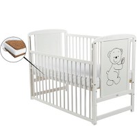 Patut din Lemn BabyNeeds Timmi 120x60 cm cu Laterala Culisanta Alb + Saltea 8 cm - 1