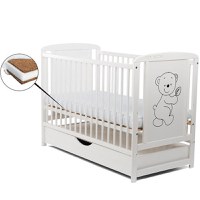 Patut din Lemn BabyNeeds Timmi 120x60 cm cu Sertar Alb + Saltea 12 cm - 1