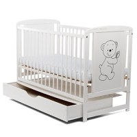 Patut din Lemn BabyNeeds Timmi 120x60 cm cu Sertar Alb + Saltea 12 cm - 6