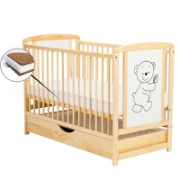 Patut din Lemn BabyNeeds Timmi 120x60 cm cu Sertar Natur + Saltea 10 cm - 1