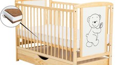 Patut din Lemn BabyNeeds Timmi 120x60 cm cu Sertar Natur + Saltea 10 cm