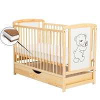 Patut din Lemn BabyNeeds Timmi 120x60 cm cu Sertar Natur + Saltea 12 cm - 1