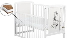 Patut din Lemn BabyNeeds Timmi Girafa 120x60 cm cu Laterala Culisanta Alb + Saltea 8 cm