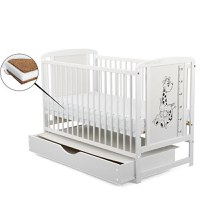 Patut din Lemn BabyNeeds Timmi Girafa 120x60 cm cu Sertar Alb + Saltea 12 cm - 1