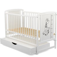 Patut din Lemn BabyNeeds Timmi Girafa 120x60 cm cu Sertar Alb + Saltea 8 cm - 9