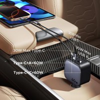 Incarcator auto rapid cu cablu retractabil UGREEN 60W Fast Car Charger EC602 USB-C/A - 2