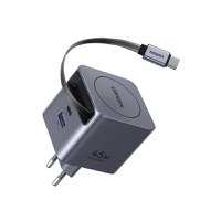 Incarcator rapid cu cablu retractabil UGREEN 45W GaN Fast Charger X614, 2 x USB C + 1 x USB A, Gri - 2