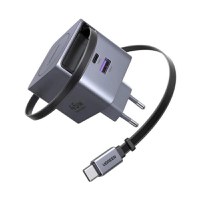 Incarcator rapid cu cablu retractabil UGREEN 45W GaN Fast Charger X614, 2 x USB C + 1 x USB A, Gri - 3