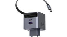 Incarcator rapid cu cablu retractabil UGREEN 45W GaN Fast Charger X614, 2 x USB C + 1 x USB A, Gri