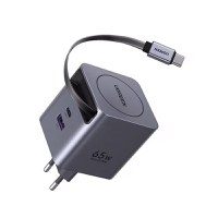 Incarcator rapid cu cablu retractabil UGREEN 65W GaN Fast Charger X615, 2 x USB C + 1 x USB A, Gri - 2