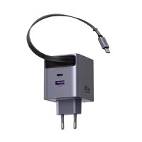 Incarcator rapid cu cablu retractabil UGREEN 65W GaN Fast Charger X615, 2 x USB C + 1 x USB A, Gri - 4