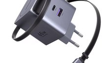 Incarcator rapid cu cablu retractabil UGREEN 65W GaN Fast Charger X615, 2 x USB C + 1 x USB A, Gri