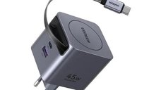 UGREEN 45W GaN Fast Charger X614 - Incarcator Rapid cu Cablu Retractabil, 2 USB-C si 1 USB-A, Gri
