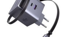 UGREEN 65W GaN Fast Charger X615 cu cablu retractabil - Incarcator rapid 3-in-1, 2 x USB-C + 1 x USB-A, Gri