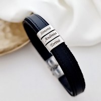 Bratara barbateasca Classic Elegance - 3 Elemente inox argintiu - Piele neagra cu inchizatoare clips din inox - 1