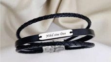 Bratara barbateasca cu 3 straturi de piele naturala neagra - Placuta cu gravura personalizata - Argint 925 - Inchizatoare clips inox