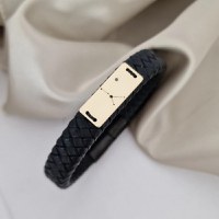 Bratara barbateasca cu Diamant natural negru - Placuta cu gravura Constelatie - Aur Galben 14K - Piele lata impletita cu inchizatoare neagra inox - 1