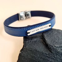 Bratara barbateasca cu piele eleganta albastra - Placuta cu text personalizat - Argint 925 - Inchizatoare clips inox - 1