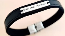 Bratara barbateasca cu piele eleganta neagra - Placuta cu text personalizat - Argint 925 - Inchizatoare clips inox