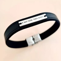 Bratara barbateasca cu piele eleganta neagra - Placuta cu text personalizat - Argint 925 - Inchizatoare clips inox - 1